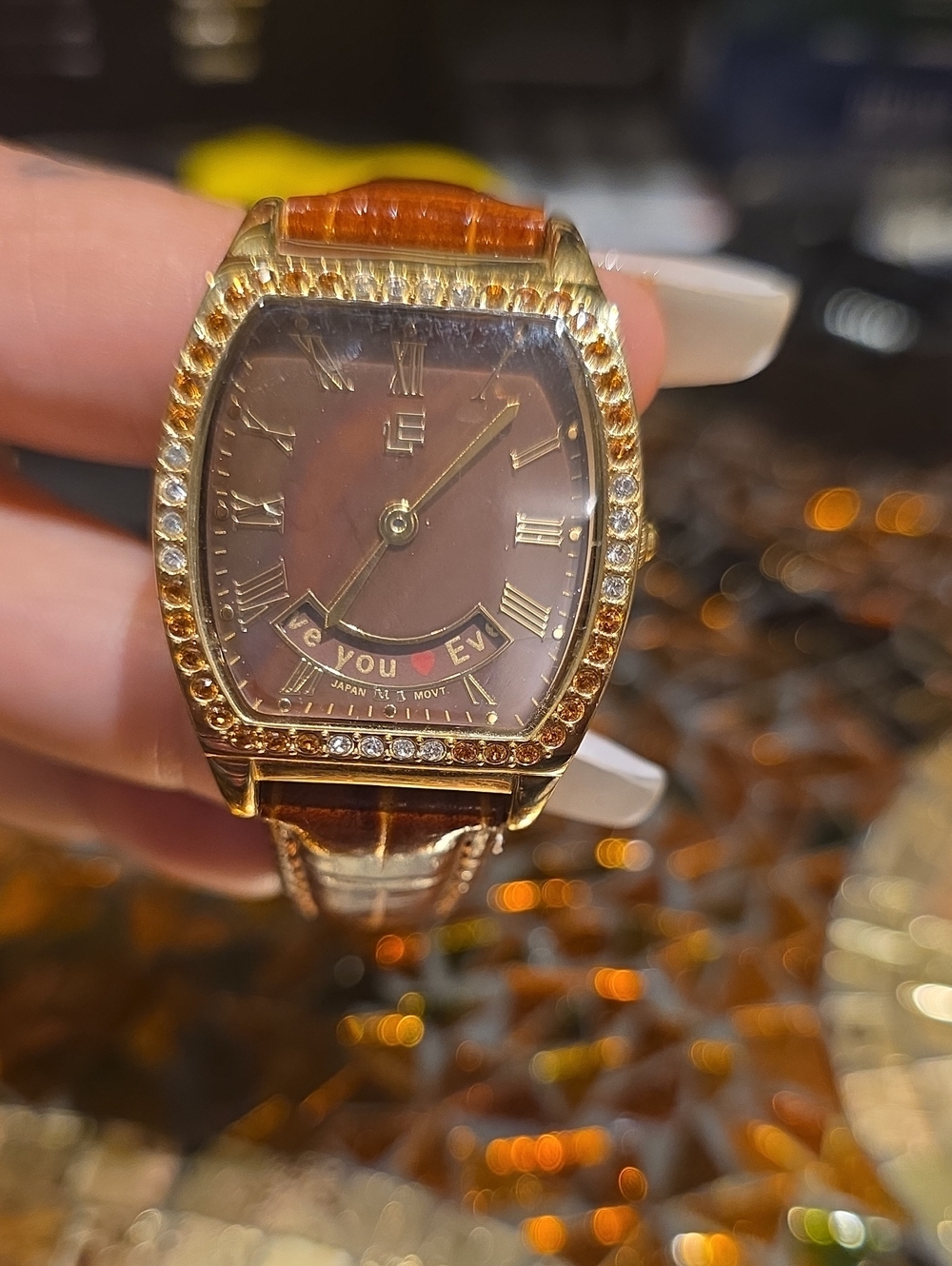 Gold-Tone Brown Leather Watch with Crystal Bezel
